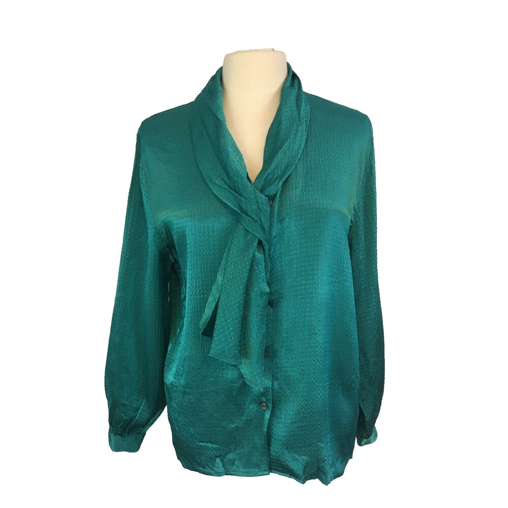 San Andre Womens Vintage 80s Teal Green‎ Secretary Blouse, Ascot, sz 8, 38 bust